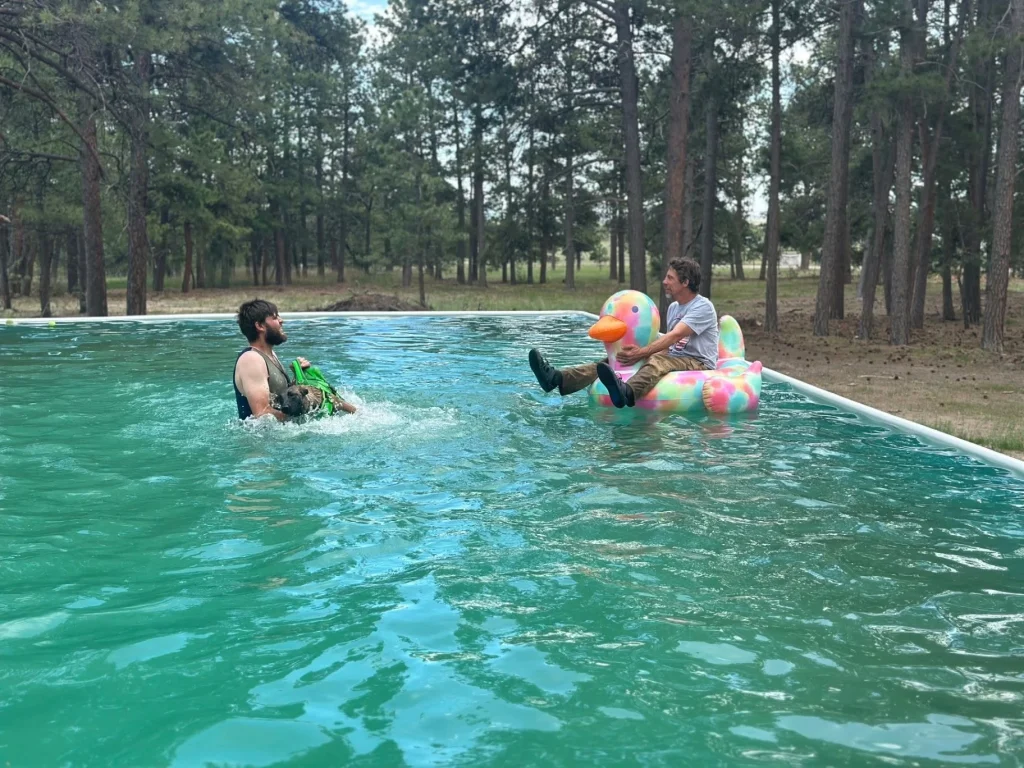 People and dogs sharing supervised pool time.